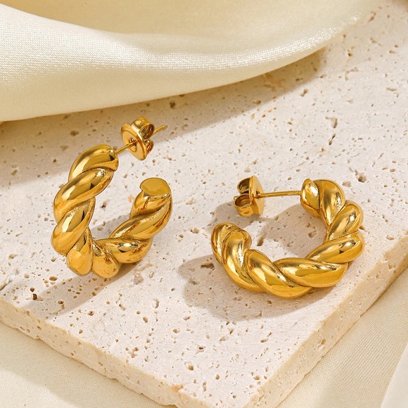 Gold Twisted Hoop Earrings* Braid Twist Earrings*Chunky Round Hoops*Waterproof - Picture 3 of 9